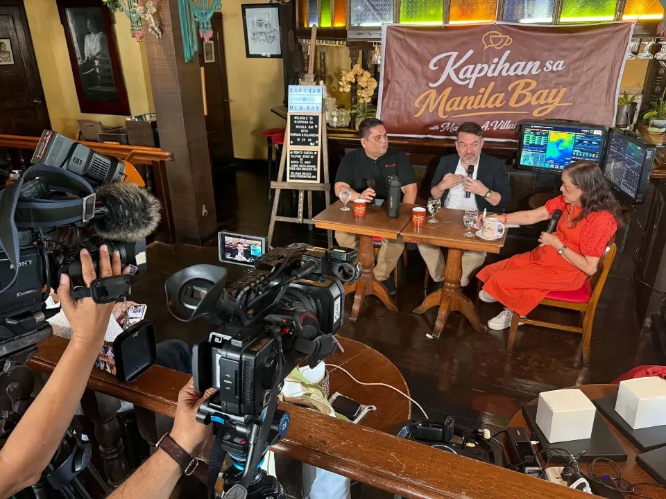 Kapihan sa Manila Bay with Marichu Villanueva press forum featuring CrisisOps and AIM experts discussing Physical AI and Super El Niño preparedness.