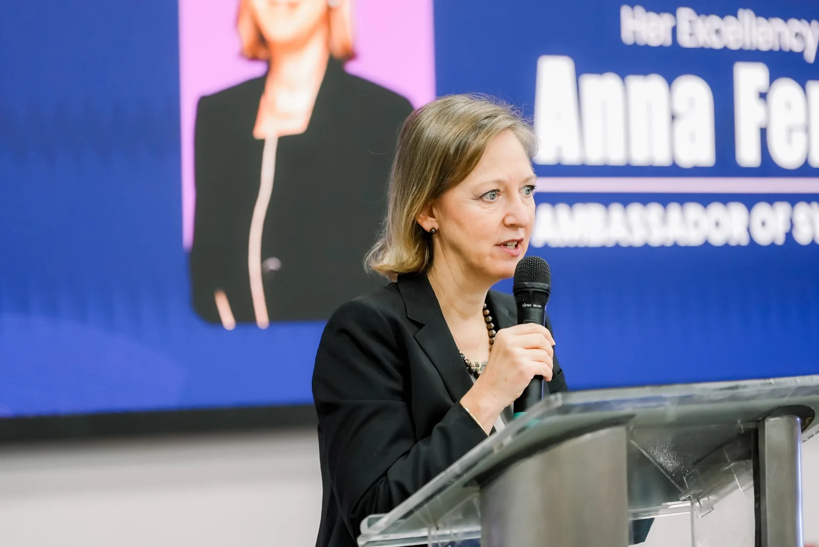 H.E. Anna Ferry, Ambassador of Sweden, delivering her remarks during the Total Defense forum at the Asian Institute of Management.